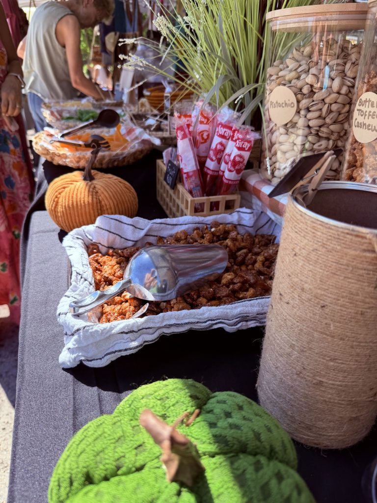 Dried fruit and nuts at market stall.
